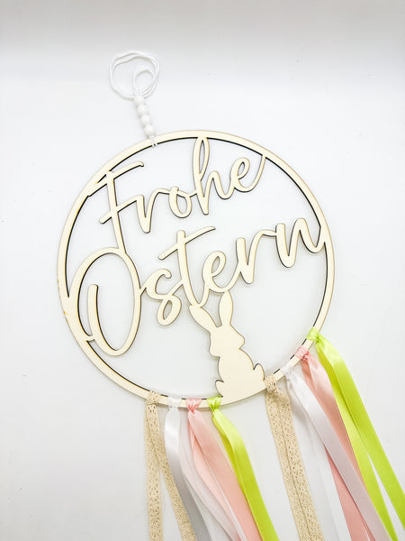 Hoop, Holzring, Holz, "Frohe Ostern", Ostern, Osterdekoration, Hase, Frühling, Bänder, Version 2