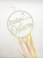 Hoop, Holzring, Holz, "Frohe Ostern", Ostern, Osterdekoration, Hase, Frühling, Bänder, Version 3