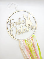 Hoop, Holzring, Holz, "Frohe Ostern", Ostern, Osterdekoration, Hase, Frühling, Bänder, Version 1