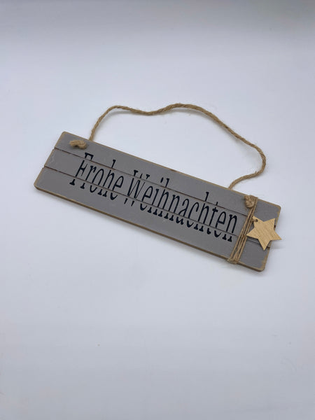 Schild, Hänger, Holz, grau, "Frohe Weihnachten", Weihnachtsdekoration