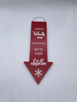 Schild, Pfeil, rot, Advent, Weihachten, "Hallo Weihnachtsmann", Holz