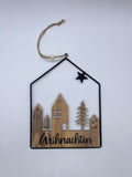 Schild, Hänger, Haus, Metall, Holz, schwarz, Glitzer, Advent, Weihnachten, Dekoration