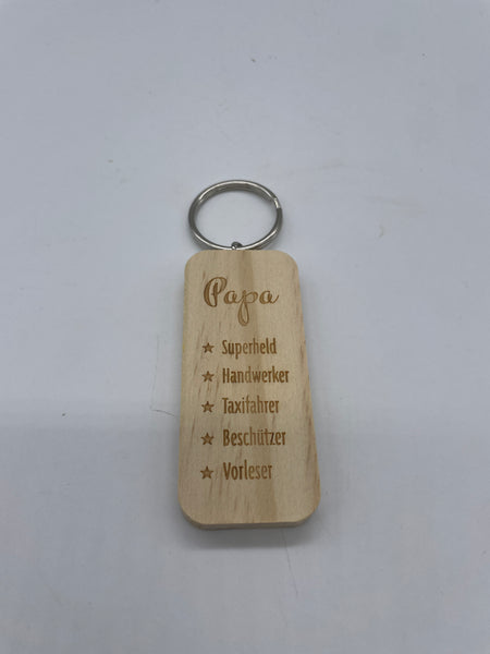 Schlüsselanhänger, Papa, Holz, Braun, Metall, 8x4x1cm, Vatertag
