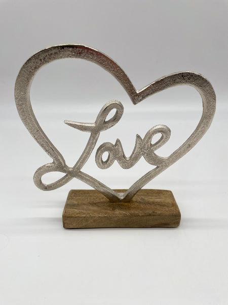 Metallherz, Holzfuss, Schriftzug, Love, Wedding, Geschenk, Valentinstag, Hochzeitstag