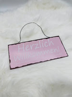 Deko, Schild, Herzlich Willkommen, hellrosa, weiss, Geschenk, Blechschild