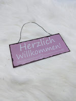 Deko, Schild, Herzlich Willkommen, helllila, weiss, Geschenk, Blechschild