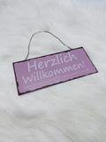 Deko, Schild, Herzlich Willkommen, helllila, weiss, Geschenk, Blechschild